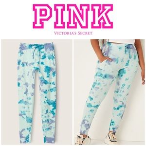 NWT Victoria’s Secret Pink Blue Tie Dye Cotton High Waist Joggers
